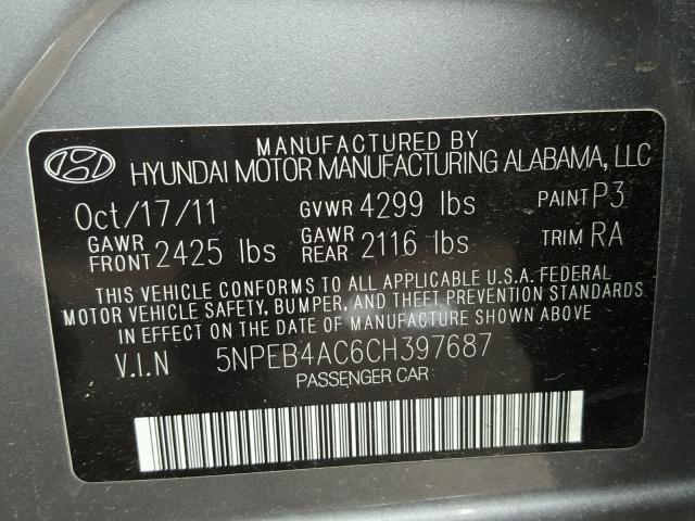 5NPEB4AC6CH397687 - 2012 HYUNDAI SONATA GLS GRAY photo 10