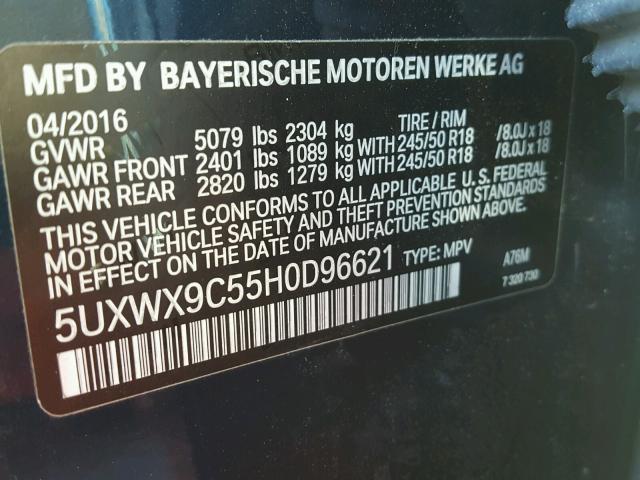 5UXWX9C55H0D96621 - 2017 BMW X3 XDRIVE2 BLUE photo 10