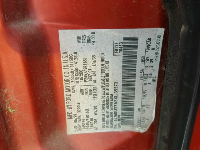 5LMRU27A8XLJ35573 - 1999 LINCOLN NAVIGATOR წითელი ფოტო 10
