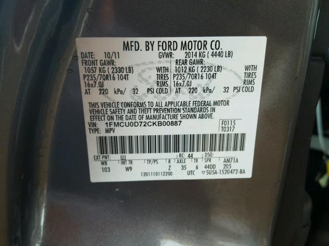 1FMCU0D72CKB00887 - 2012 FORD ESCAPE XLT SILVER photo 10