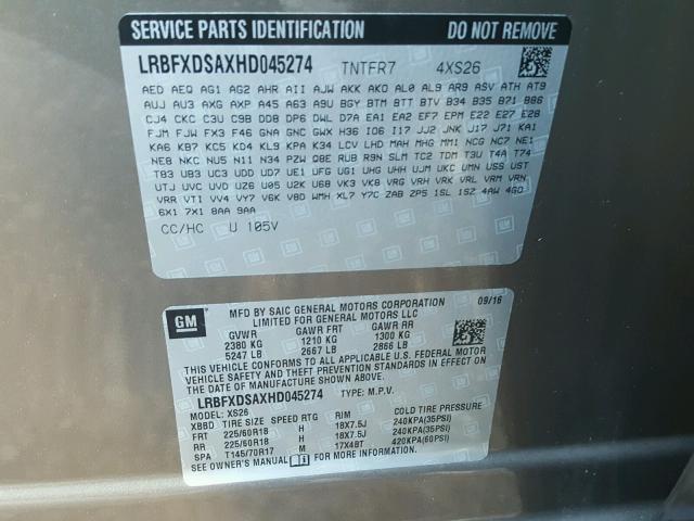 LRBFXDSAXHD045274 - 2017 BUICK ENVISION E BROWN photo 10