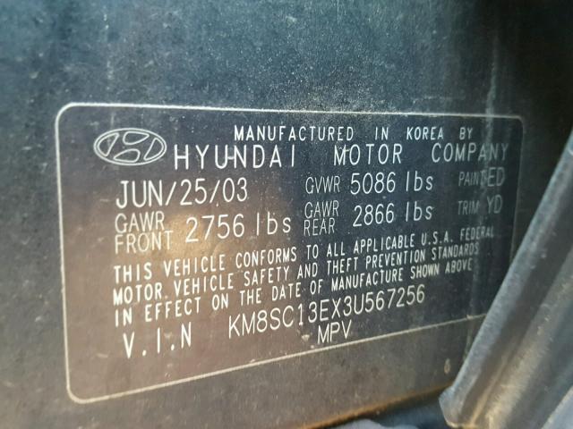 KM8SC13EX3U567256 - 2003 HYUNDAI SANTA FE G BLACK photo 10