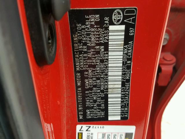 2T1KR32E36C587981 - 2006 TOYOTA COROLLA MA RED photo 10