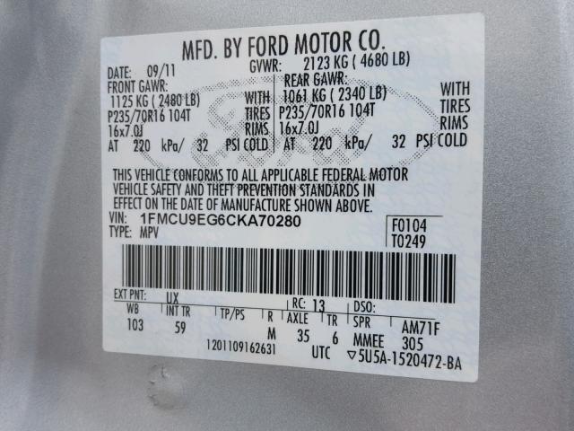 1FMCU9EG6CKA70280 - 2012 FORD ESCAPE LIM SILVER photo 10