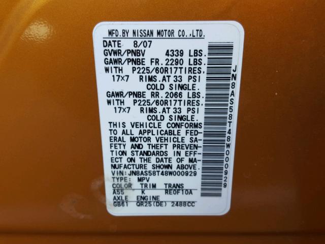 JN8AS58T48W000929 - 2008 NISSAN ROGUE S ORANGE photo 10