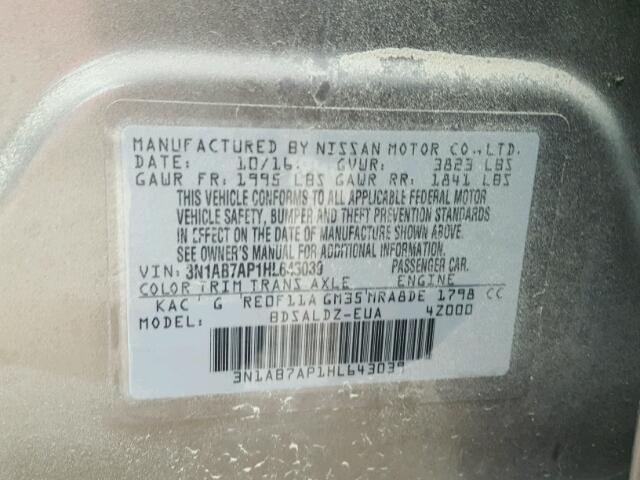 3N1AB7AP1HL643039 - 2017 NISSAN SENTRA S GRAY photo 10