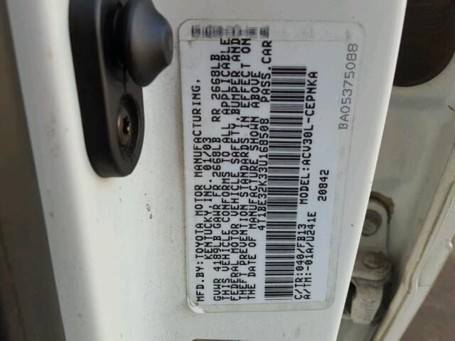 4T1BE32K33U168508 - 2003 TOYOTA CAMRY LE WHITE photo 10