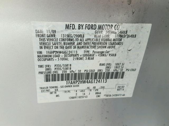 1FAHP2HW4AG124113 - 2010 FORD TAURUS SEL SILVER photo 10