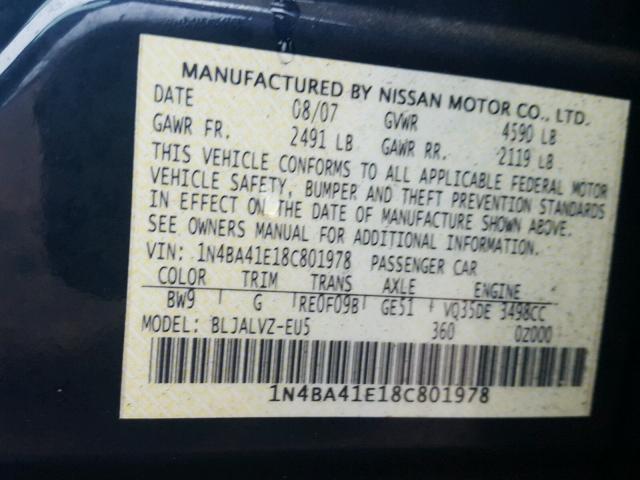 1N4BA41E18C801978 - 2008 NISSAN MAXIMA SE BLUE photo 10