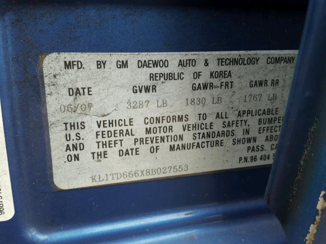 KL1TD666X8B027553 - 2008 CHEVROLET AVEO BASE ლურჯი ფოტო 10