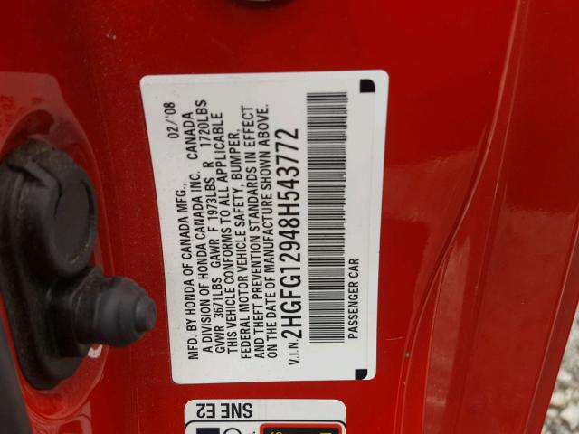 2HGFG12948H543772 - 2008 HONDA CIVIC EXL 红色 照片 10