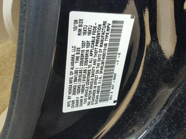 5FNRL38749B019148 - 2009 HONDA ODYSSEY EX BLACK photo 10