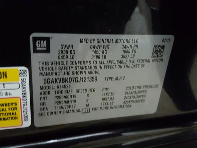 5GAKVBKD7GJ121359 - 2016 BUICK ENCLAVE BLACK photo 10