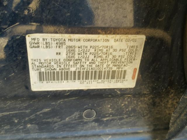 JTEHF21A010014739 - 2001 TOYOTA HIGHLANDER BLUE photo 10