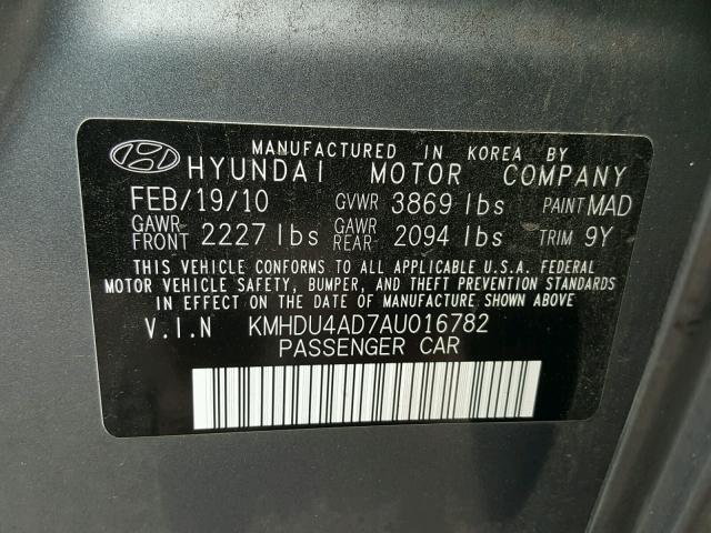 KMHDU4AD7AU016782 - 2010 HYUNDAI ELANTRA BL GRAY photo 10