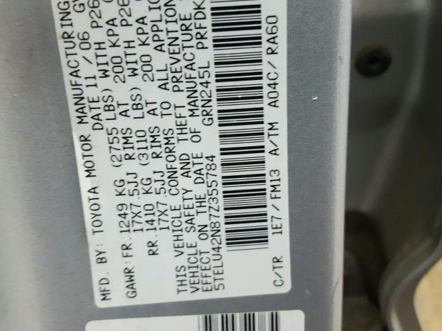 5TELU42N87Z355784 - 2007 TOYOTA TACOMA DOU GRAY photo 10