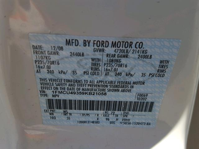 1FMCU49359KB21058 - 2009 FORD ESCAPE HYB WHITE photo 10