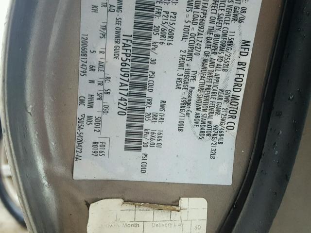 1FAFP56U97A174270 - 2007 FORD TAURUS SEL TAN photo 10