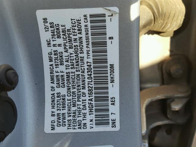 1HGFA16827L043047 - 2007 HONDA CIVIC EX SILVER photo 10