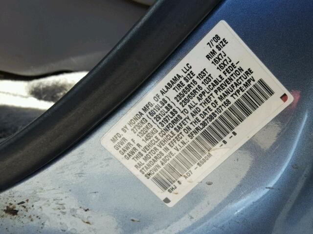 5FNRL38738B107168 - 2008 HONDA ODYSSEY EX BLUE photo 10