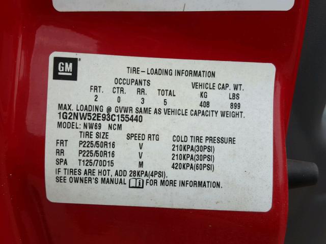 1G2NW52E93C155440 - 2003 PONTIAC GRAND AM G RED photo 10