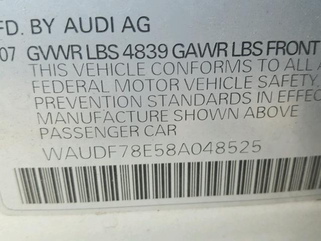 WAUDF78E58A048525 - 2008 AUDI A4 2.0T QU SILVER photo 10