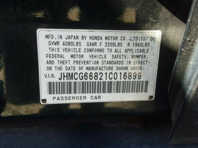 JHMCG66821C016899 - 2001 HONDA ACCORD EX GREEN photo 10