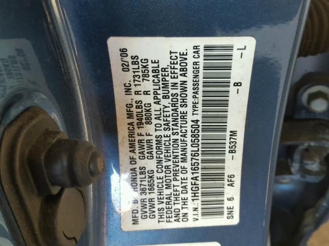 1HGFA16576L058504 - 2006 HONDA CIVIC LX BLUE photo 10