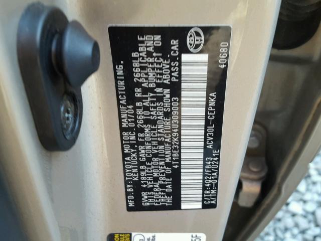 4T1BE32K94U309003 - 2004 TOYOTA CAMRY LE 金色 照片 10