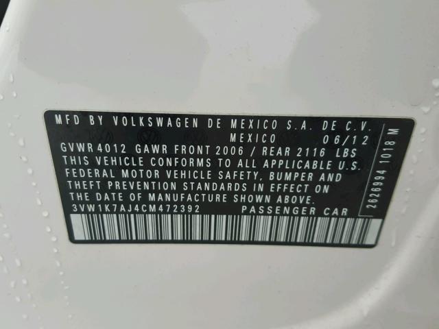 3VW1K7AJ4CM472392 - 2012 VOLKSWAGEN JETTA BASE WHITE photo 10