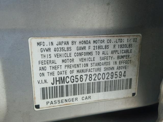 JHMCG56782C029594 - 2002 HONDA ACCORD SE SILVER photo 10