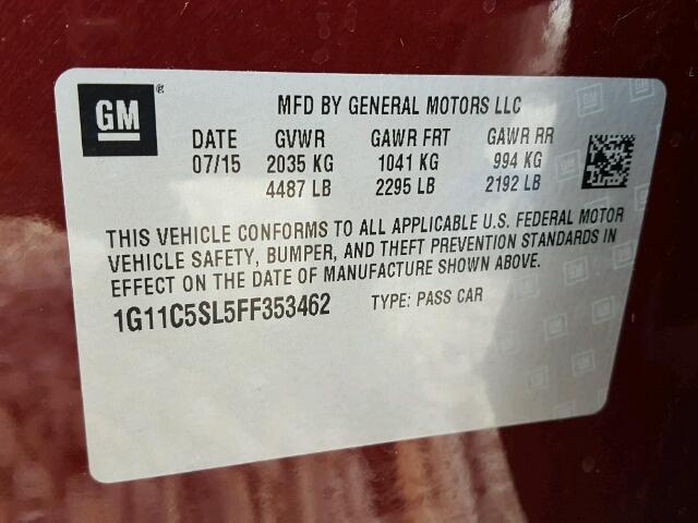 1G11C5SL5FF353462 - 2015 CHEVROLET MALIBU 1LT 栗色 照片 10