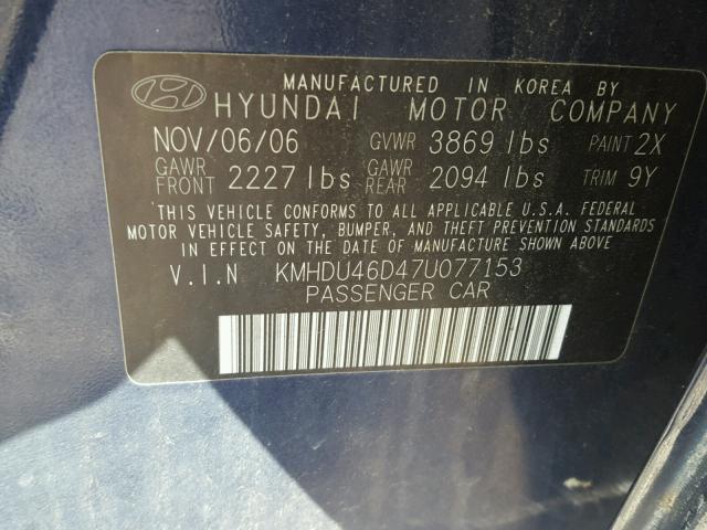 KMHDU46D47U077153 - 2007 HYUNDAI ELANTRA GL BLUE photo 10