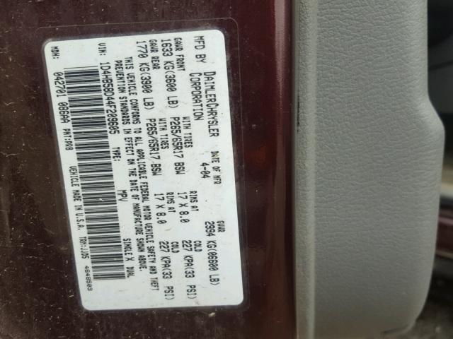 1D4HB58D44F209605 - 2004 DODGE DURANGO LI BURGUNDY photo 10