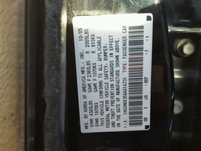 1HGCM66356A014731 - 2006 HONDA ACCORD LX BLACK photo 10