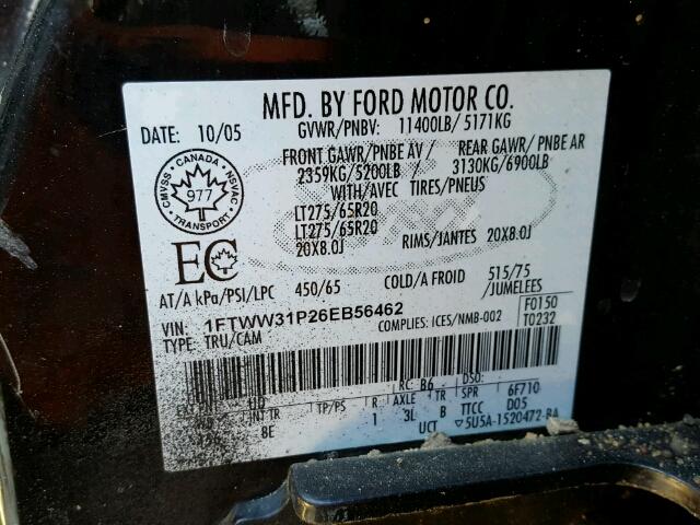 1FTWW31P26EB56462 - 2006 FORD F350 SRW S BLACK photo 10