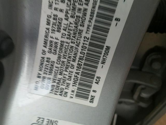 1HGFA16878L010112 - 2008 HONDA CIVIC EX ვერცხლისფერი ფოტო 10