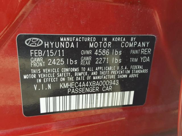 KMHEC4A4XBA000943 - 2011 HYUNDAI SONATA HYB RED photo 10