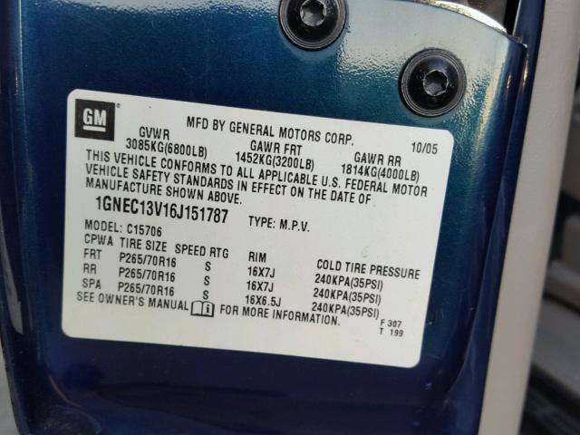 1GNEC13V16J151787 - 2006 CHEVROLET TAHOE C150 BLUE photo 10