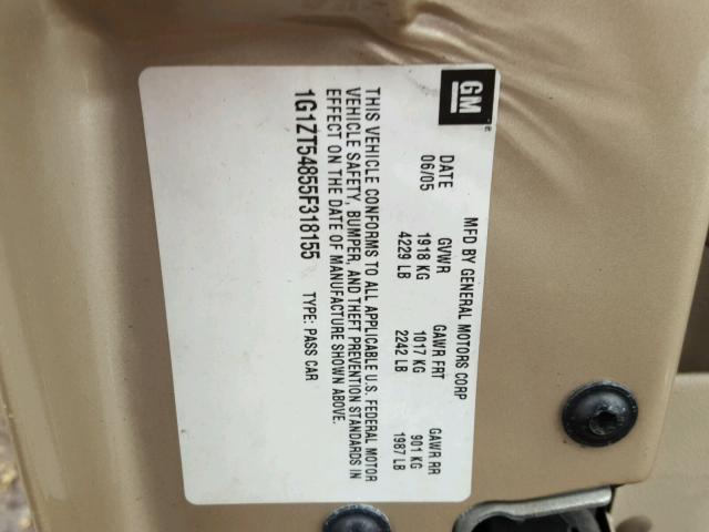 1G1ZT54855F318155 - 2005 CHEVROLET MALIBU LS 米色 照片 10