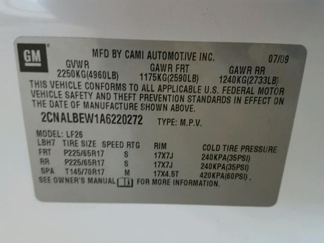 2CNALBEW1A6220272 - 2010 CHEVROLET EQUINOX LS WHITE photo 10