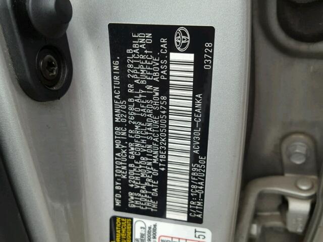 4T1BE32K05U054758 - 2005 TOYOTA CAMRY LE SILVER photo 10