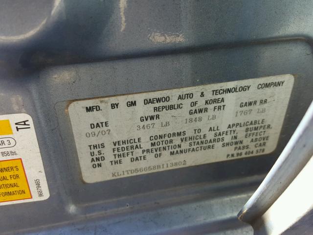 KL1TD56658B113802 - 2008 CHEVROLET AVEO BASE Көк фото 10