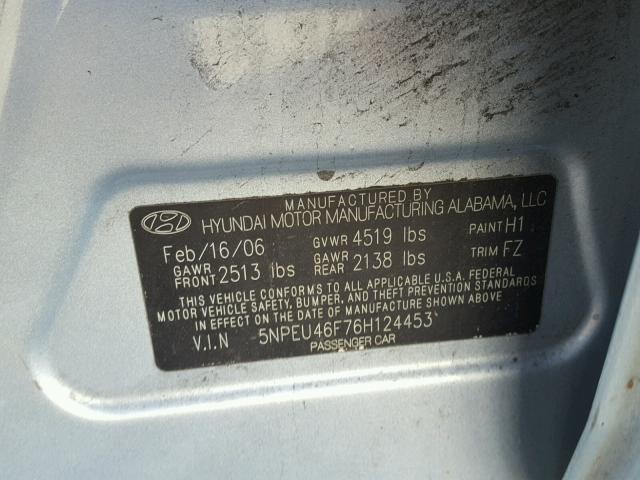 5NPEU46F76H124453 - 2006 HYUNDAI SONATA GLS BLUE photo 10