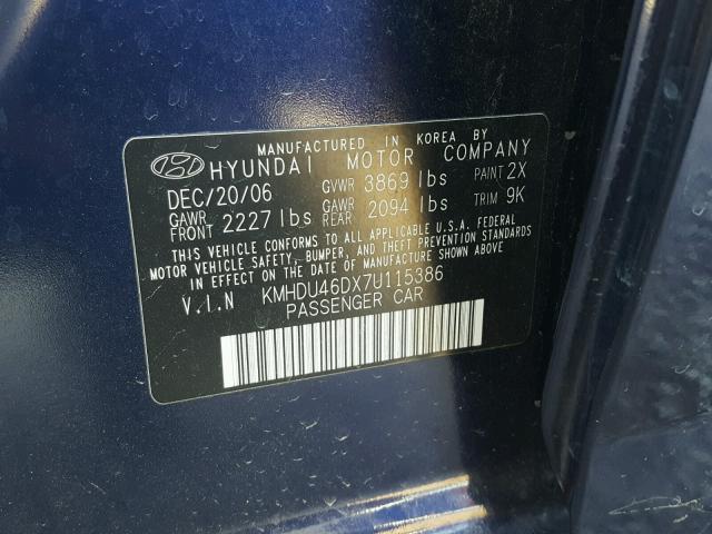 KMHDU46DX7U115386 - 2007 HYUNDAI ELANTRA GL BLUE photo 10