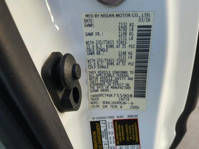 1N6BD0CT4GN755908 - 2016 NISSAN FRONTIER S WHITE photo 10