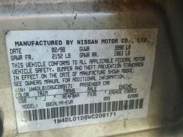 1N4DL01D8WC209171 - 1998 NISSAN ALTIMA XE GOLD photo 10