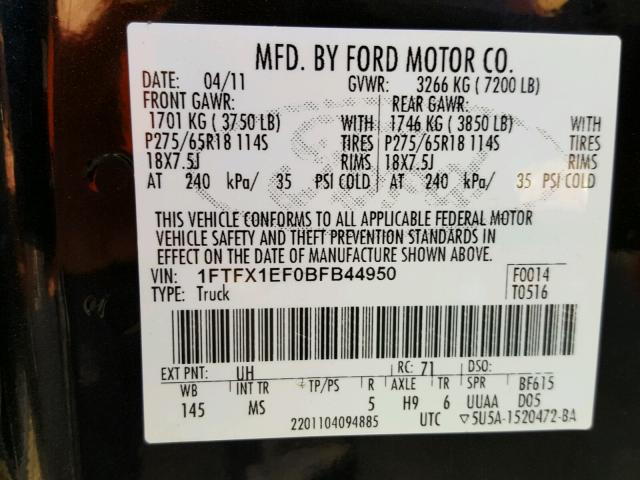 1FTFX1EF0BFB44950 - 2011 FORD F150 SUPER BLACK photo 10