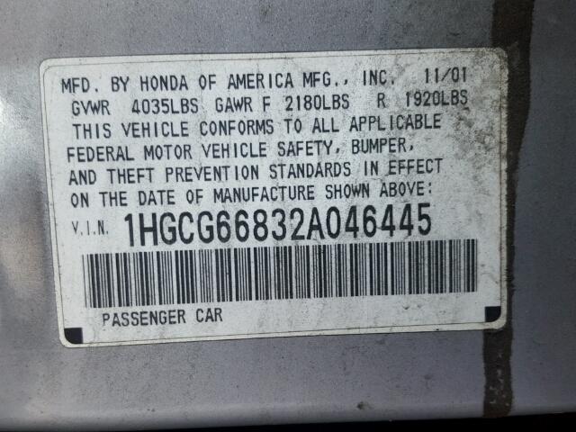 1HGCG66832A046445 - 2002 HONDA ACCORD EX GRAY photo 10