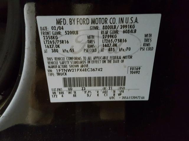 1FTNW21PX4EC36742 - 2004 FORD F250 SUPER BLACK photo 10